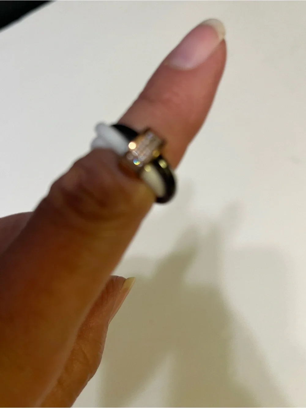 Black and White Ceramic Stack Ring with Rose Gold Accent